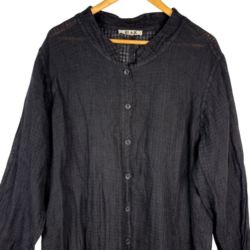 FLAX Women 100% Linen Long Duster Cardigan Coat Sz L Black Buttons Lagenlook - Picture 3 of 16